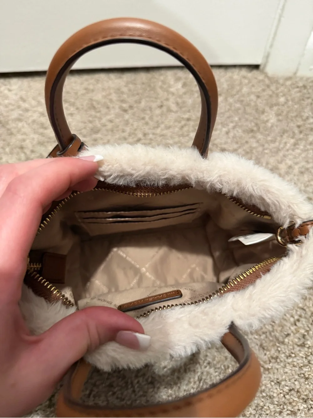Michael Kors Mini Brown Mini Satchel with Cream Shearling Trim